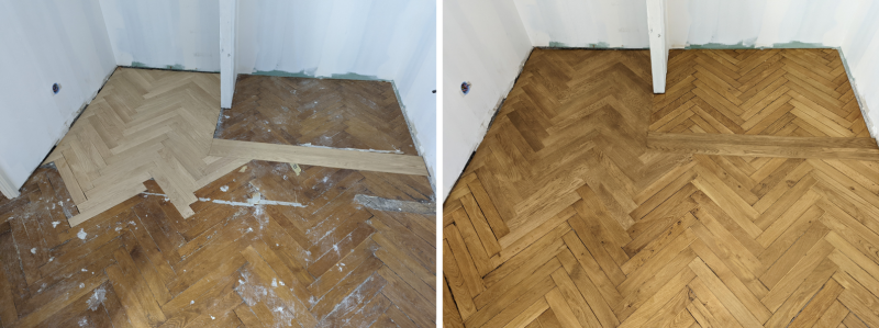 Réparation localisée de parquet ancien et création de seuil sur mesure à la place d'une ancienne cloison