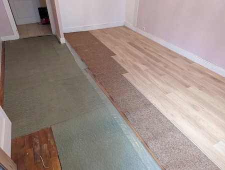 Remplacement et rénovation après dégât des eaux de parquet contrecollé et massif à Craponne